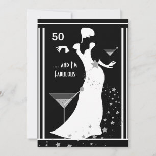 Invitation 50e fête d'anniversaire Diva Art déco noir blanc
