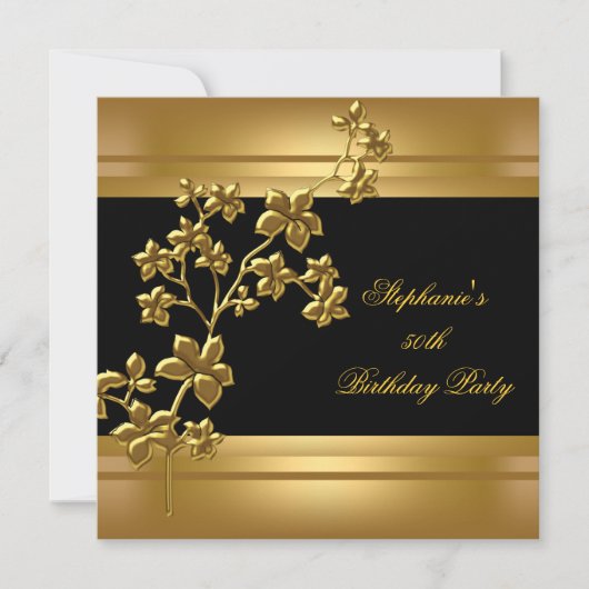 Invitation 50e fête d'anniversaire Exotic Gold Black Floral (Devant)