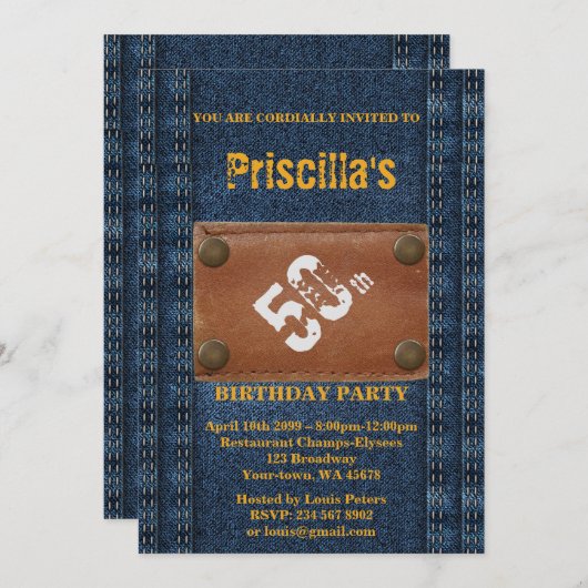 Invitation 50e, Fête d'anniversaire femme, n'importe quel âge (Devant / Derrière)