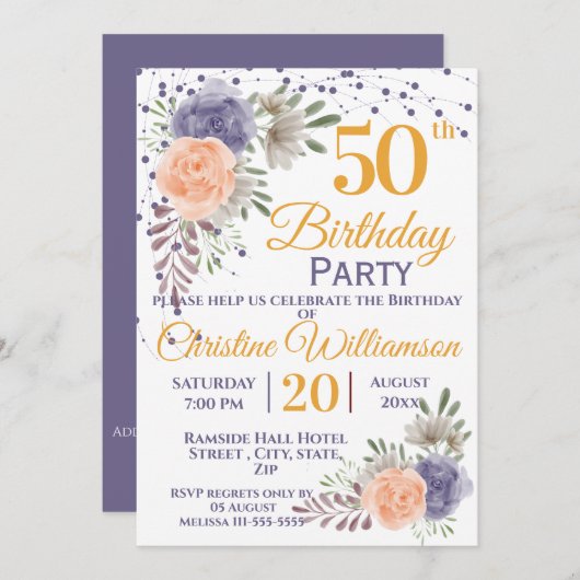 Invitation 50e fête d'anniversaire Floral Peony violet (Devant / Derrière)