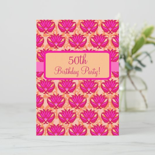 Invitation 50e fête d'anniversaire Fuchsia rose orange Damask (Debout devant)