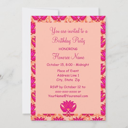 Invitation 50e fête d'anniversaire Fuchsia rose orange Damask (Dos)