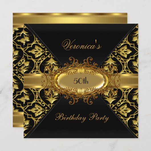Invitation 50e fête d'anniversaire Gold Black Damask invitati (Devant / Derrière)