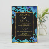Invitation 50e fête d'anniversaire Gold Blue Flower Floral (Debout devant)