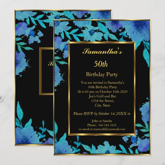 Invitation 50e fête d'anniversaire Gold Blue Flower Floral (Devant / Derrière)