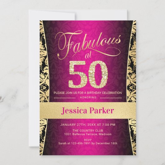 Invitation 50e fête d'anniversaire - Gold Pink Black (Devant)