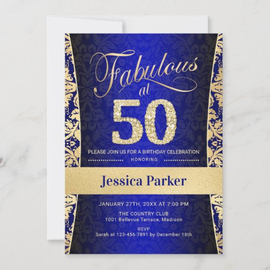 Invitation 50e fête d'anniversaire - Gold Royal Blue (Devant)