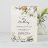 Invitation 50e fête d'anniversaire hiver Blanc Floral vert (Debout devant)