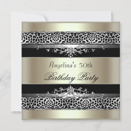Invitation 50e fête d'anniversaire Leopard Black Mint Gold Cr (Devant)