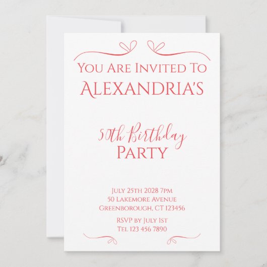 Invitation 50e fête d'anniversaire minimal rose moderne rouge (Devant)