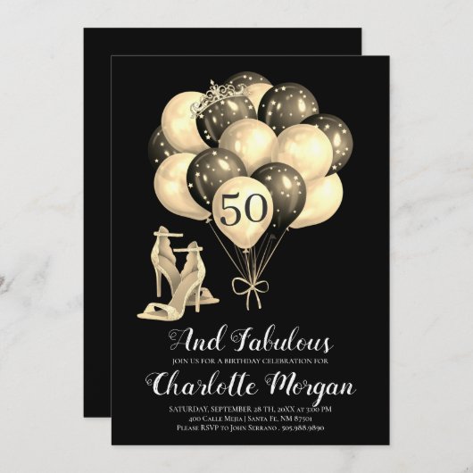 Invitation 50e fête d'anniversaire Noir Blanc (Devant / Derrière)