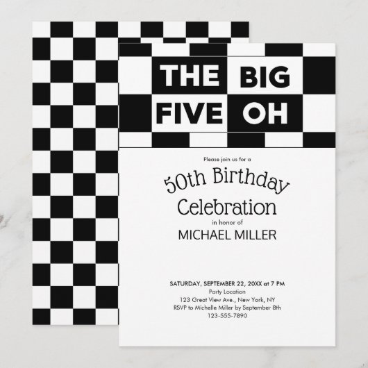 Invitation 50e fête d'anniversaire Noir Blanc À damiers Motif (Devant / Derrière)
