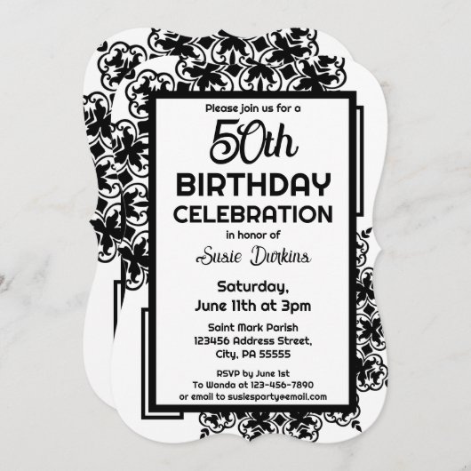 Invitation 50e fête d'anniversaire noire et blanche (Devant / Derrière)