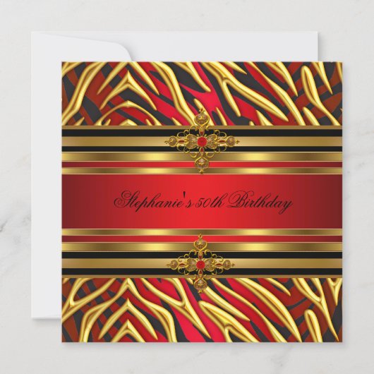 Invitation 50e fête d'anniversaire Red Zebra Gold Black (Devant)