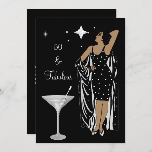Invitation 50e fête d'anniversaire Retro Diva deco Noir Blanc (Devant / Derrière)