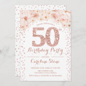 Invitation 50e fête d'anniversaire - Rose blanche or (Devant / Derrière)