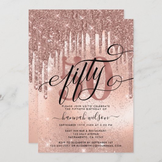 Invitation 50e fête d'anniversaire Rose Parties scintillant d (Devant / Derrière)