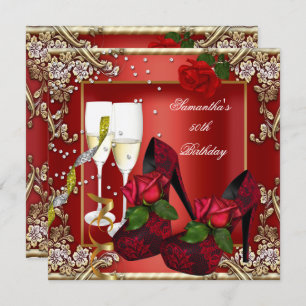 Invitation 50e fête d'anniversaire Rouge Rose or Floral