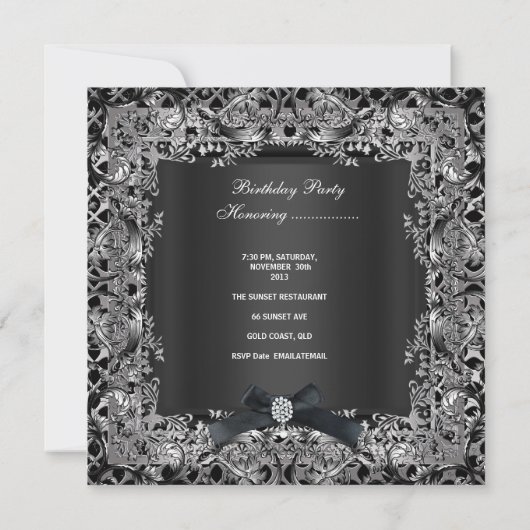 Invitation 50e fête d'anniversaire Silver Black Bow dentelle (Dos)