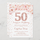 Invitation 50e fête d'anniversaire surprise - Rose blanche or (Devant / Derrière)