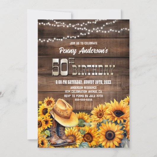 Invitation 50e fête d'anniversaire Tournesol en bois rustique (Devant)