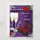 Invitation 50e fête d'anniversaire violet Rose rouge argent (Devant)