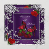 Invitation 50e fête d'anniversaire violet Rose rouge argent (Devant / Derrière)