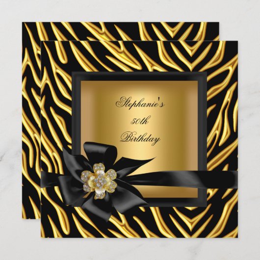 Invitation 50e fête d'anniversaire Zebra Gold Black Bow (Devant / Derrière)