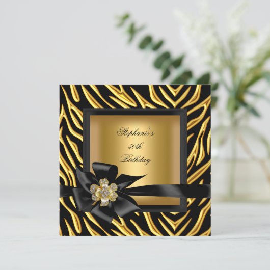 Invitation 50e fête d'anniversaire Zebra Gold Black Bow (Debout devant)