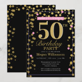 Invitation 50e Gold Noir Rose Confetti Surprise Anniversaire (Devant / Derrière)