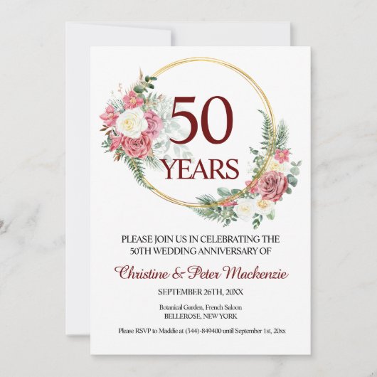 Invitation 50e Mariage d'or Roses (Devant)