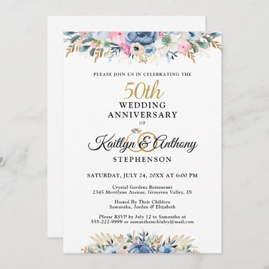 Invitation 50e ou toute autre anniversaire Élégant floral dor (Devant / Derrière)
