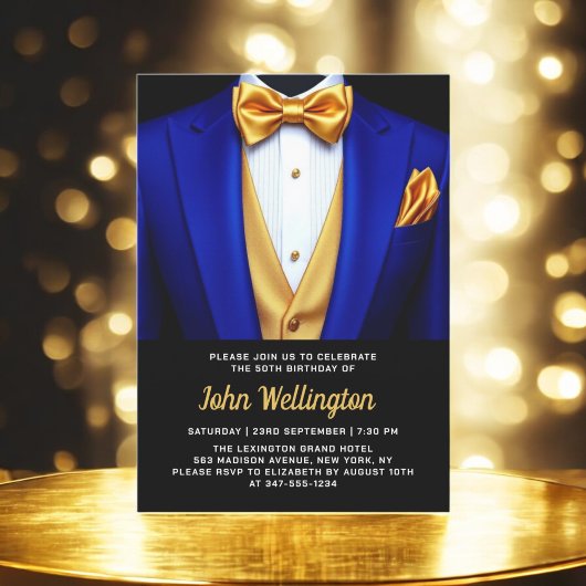 Invitation 50e Royal Blue and Gold Tuxedo Birthday Event