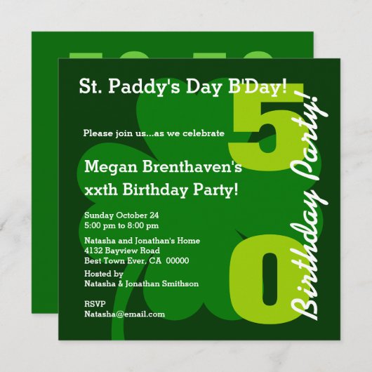 Invitation 50e ST PATRICK Shamrock de fête d'anniversaire A03 (Devant / Derrière)