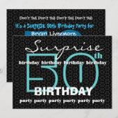 Invitation 50e SUPRISE Birthday Party Blue Black Stars E521 (Devant / Derrière)