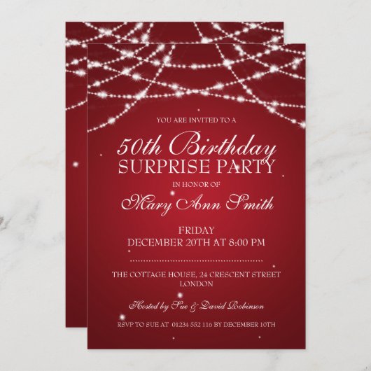 Invitation 50e Surprise Birthday Party String Stars Red (Devant / Derrière)