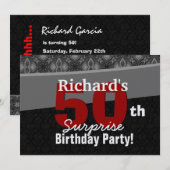 Invitation 50e Surprise Party Argent noir et rouge (Devant / Derrière)