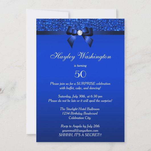 Invitation 50e Surprise Party Royal Blue Sequins and Bow (Dos)