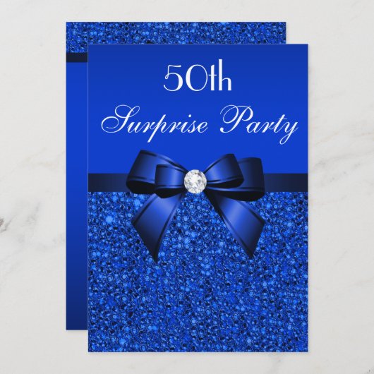 Invitation 50e Surprise Party Royal Blue Sequins and Bow (Devant / Derrière)