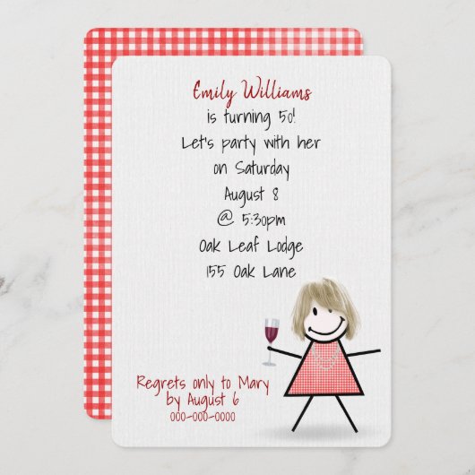 Invitation 50ème anniversaire Fille avec vin (Devant / Derrière)