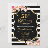 Invitation 50ème Black White Stripe rose Floral fête d'annive (Devant)