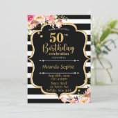 Invitation 50ème Black White Stripe rose Floral fête d'annive (Debout devant)
