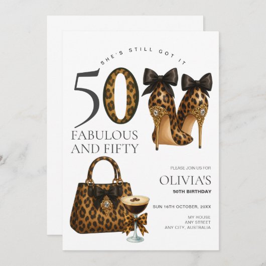 Invitation 50ème Empreinte de léopard tendance Fabuleux et 50 (Devant / Derrière)