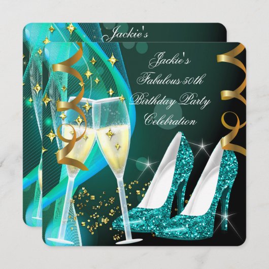 Invitation 50ème Fabuleux Parties scintillant Turquoise hauts (Devant / Derrière)
