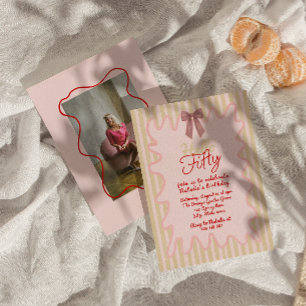 Invitation 50ème Pink Hand Peint Bow Cinquante Photo Annivers
