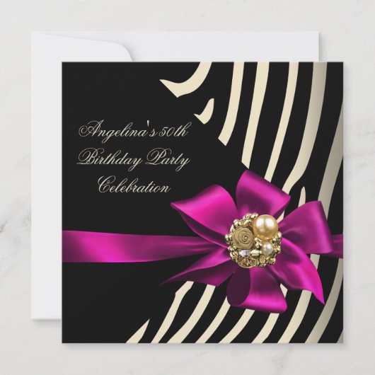 Invitation 50ème Zebra Pink Gold Cream Black Birthday Party (Devant)