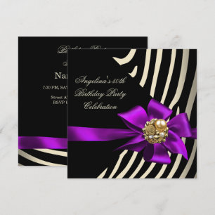 Invitation 50ème Zebra Purple Gold Cream Black Birthday Party