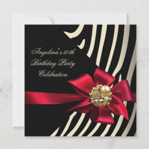 Invitation 50ème Zebra Red Gold Cream Black Birthday Party