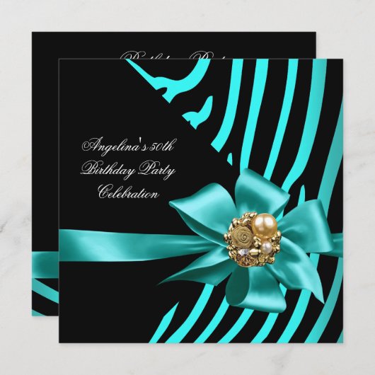 Invitation 50ème Zebra Turquoise Gold Black Elegant Birthday  (Devant / Derrière)