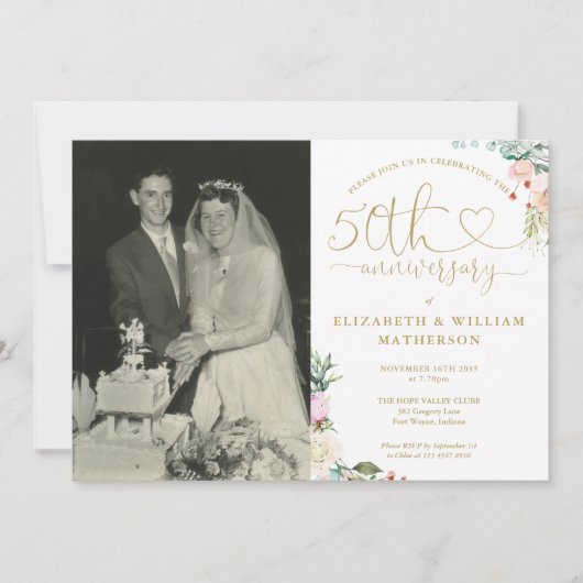 Invitation 50th Anniversary Gold Heart Floral Monogram Photo (Devant)